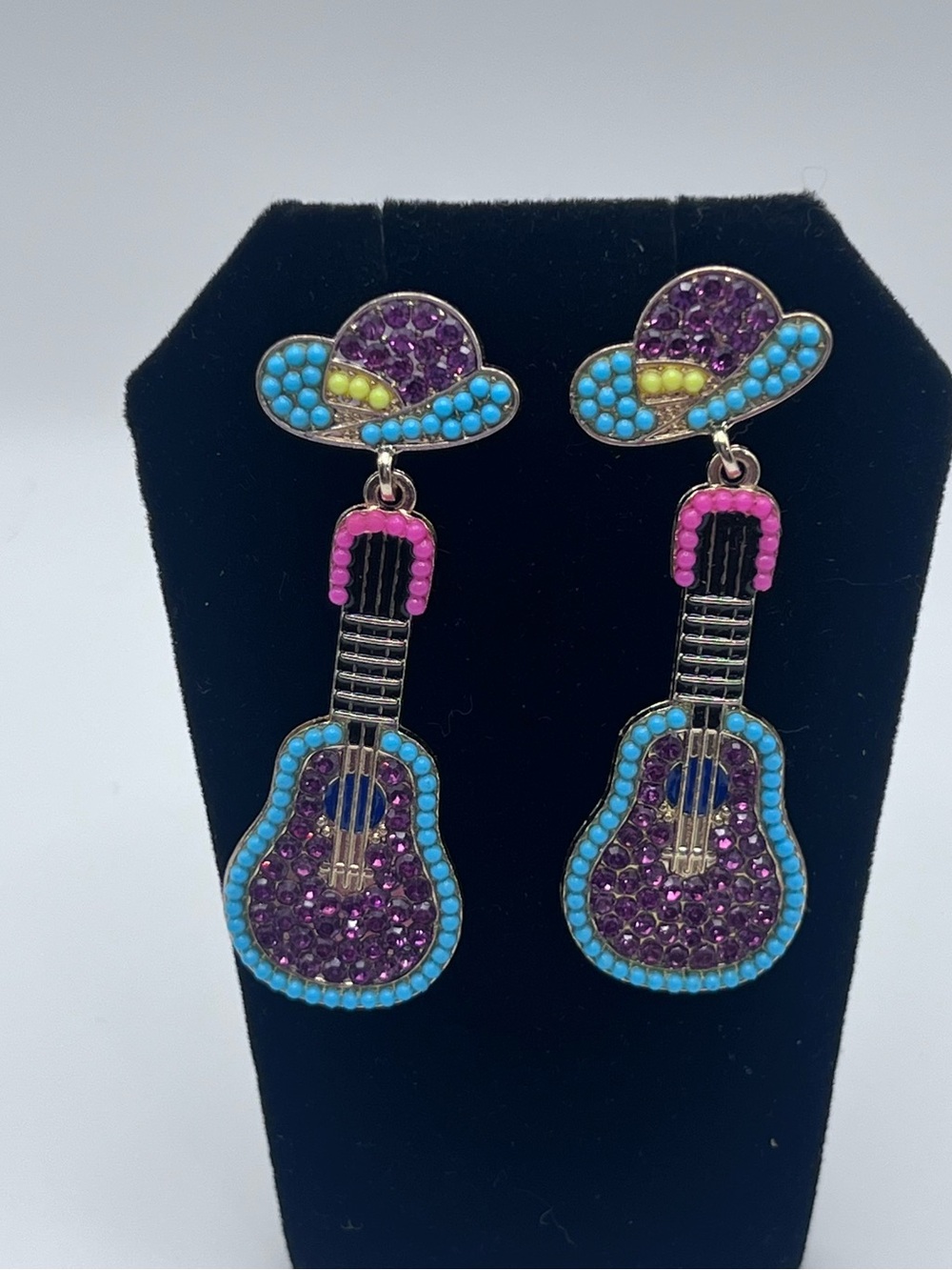 Vibrant Guitar & Hat Dangle Earrings in Purple and Turquoise